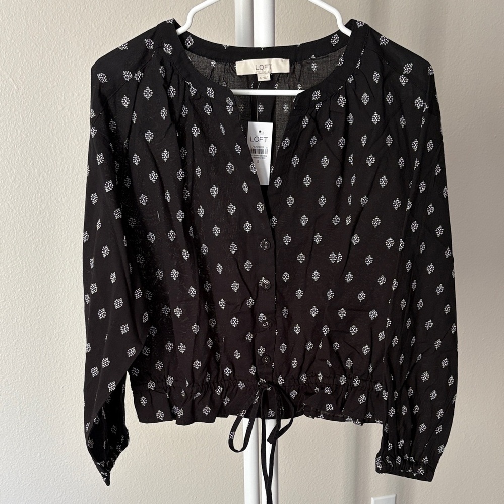 LOFT Black Blouse with White Floral Design